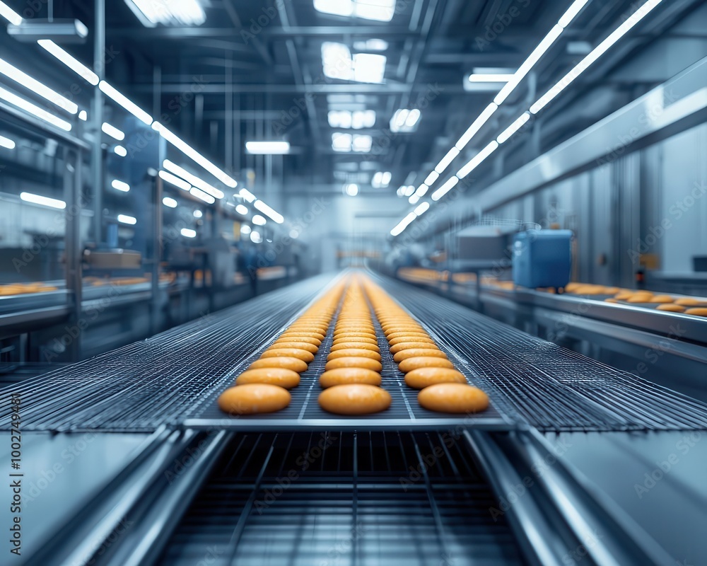 Close-up of a modern bakery production line with freshly baked donuts on a conveyor belt. Close-up of a modern bakery production line with freshly baked donuts on a conveyor belt.