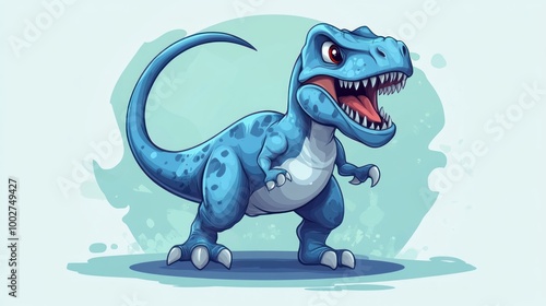 Fototapeta Naklejka Na Ścianę i Meble -  Blue cartoon dinosaur with sharp teeth and claws roaring in front of an abstract background.