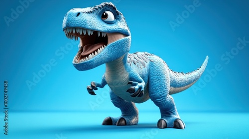 Fototapeta Naklejka Na Ścianę i Meble -  A cute blue cartoon dinosaur stands on a blue background with its mouth open.