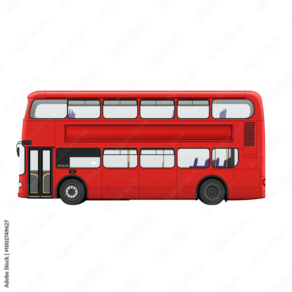 Red double-decker bus model side view white background PNG.