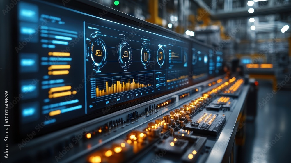 A high-tech control panel with glowing screens, data visualizations, and buttons, showcasing a modern industrial environment. A high-tech control panel with glowing screens, data visualizations, and buttons, showcasing a modern industrial environment.