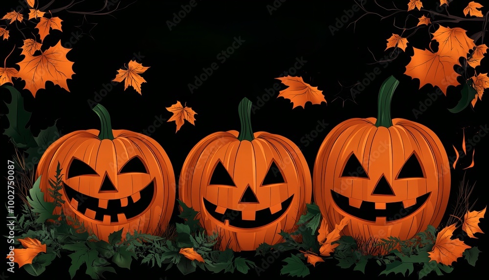 Three jack-o'-lanterns with toothy grins sit amongst fall leaves against a dark background. Three jack-o'-lanterns with toothy grins sit amongst fall leaves against a dark background.