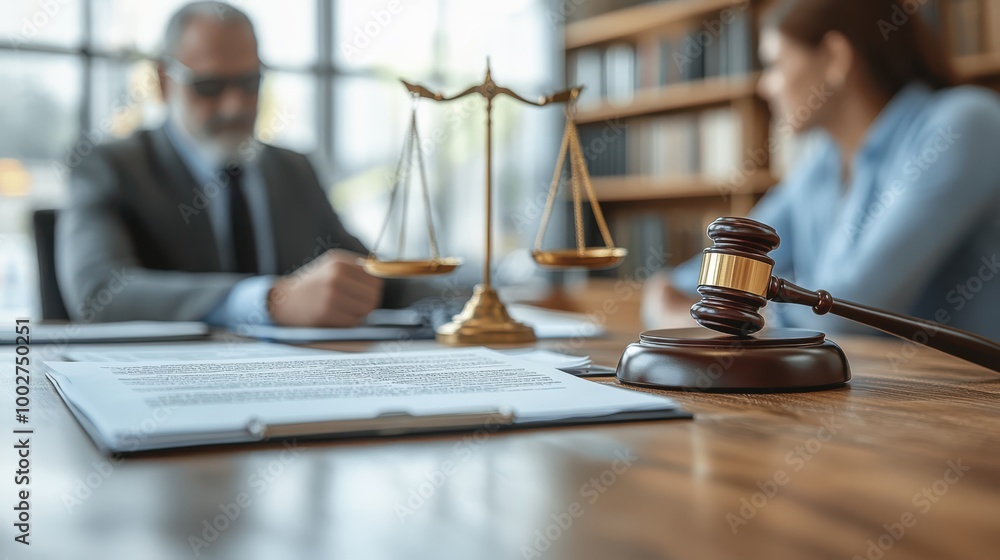 Gavel and scales symbolize justice in a legal office setting Gavel and scales symbolize justice in a legal office setting