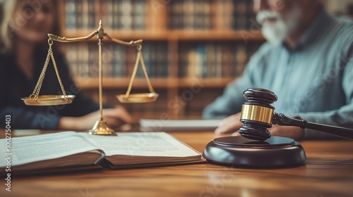 Gavel and scales symbolize justice in a legal office setting