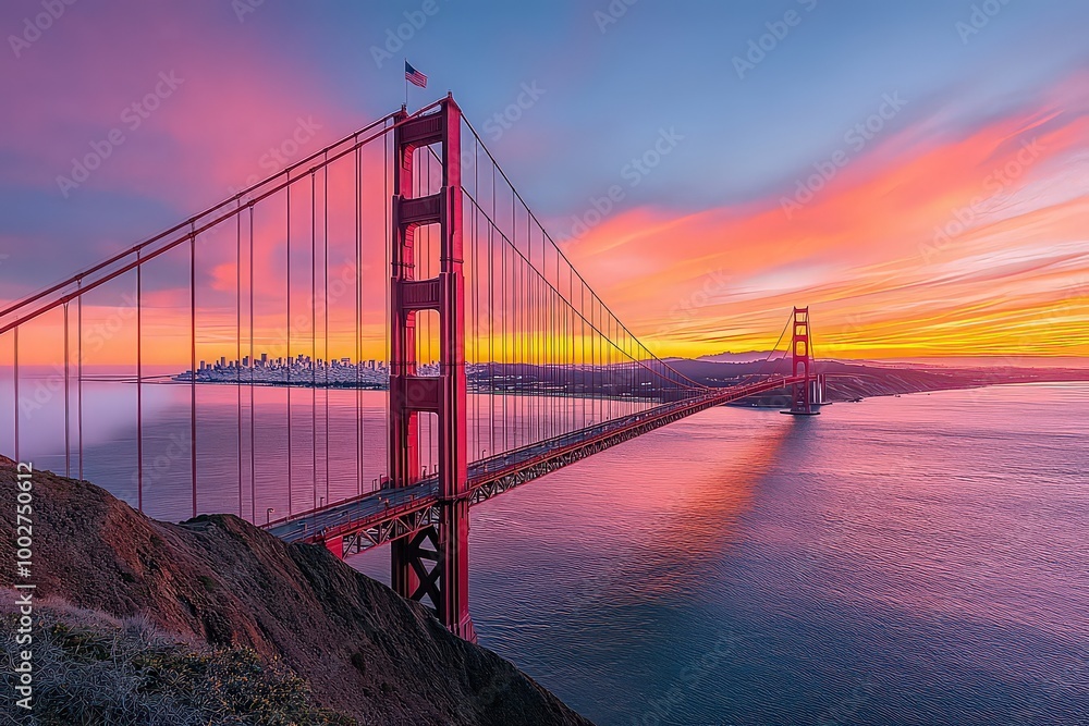 Obraz premium Iconic Golden Gate Bridge stretching across the bay, bathed in warm hues of a California sunset, highlighting the beauty of this famous travel destination.