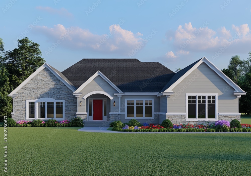 Obraz premium New Home Exterior and Landscaping on a Sunny Afternoon