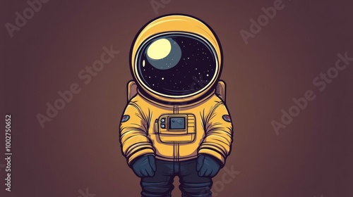 A cartoon astronaut in a yellow spacesuit stands against a dark background, looking at the stars and moon. photo