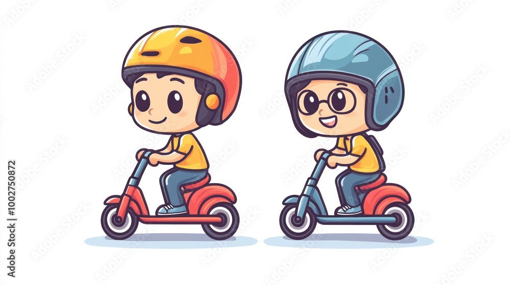 Two cartoon kids wearing helmets and riding scooters. Two cartoon kids wearing helmets and riding scooters.