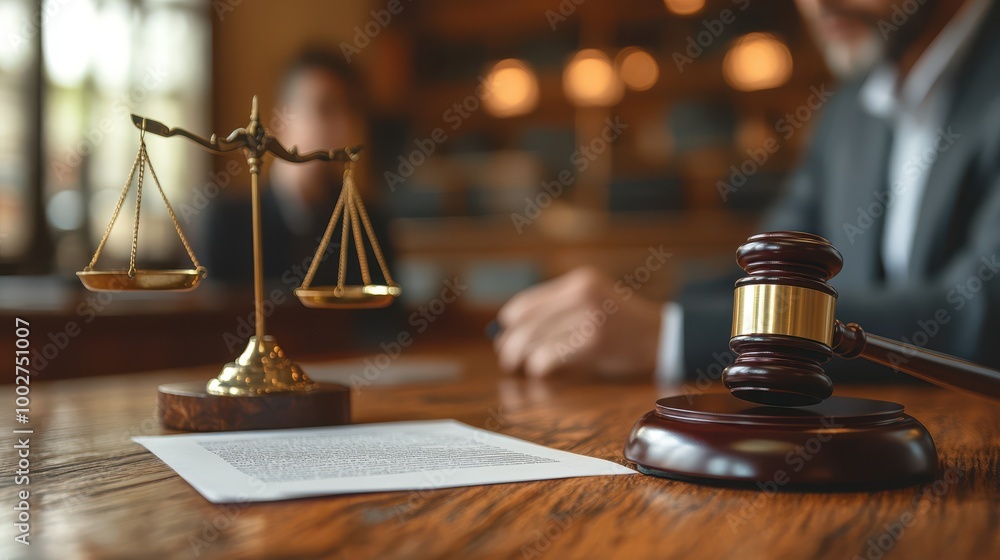 Gavel and scales symbolize justice in a legal office setting Gavel and scales symbolize justice in a legal office setting