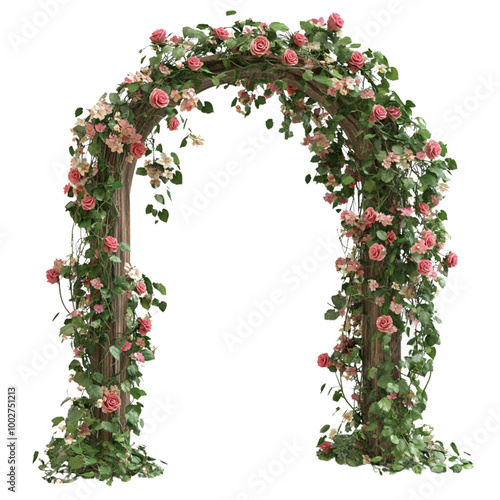 Vines and flowers climbing on wooden arch against white background