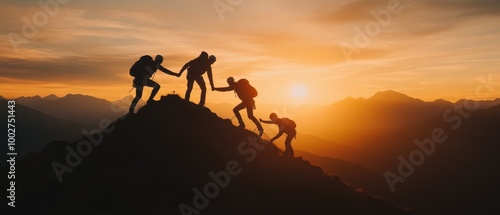 Team Climbers Helping One Another Reach a Mountain Peak