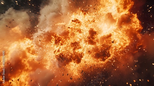 Dramatic explosion with fiery flames and smoke engulfing the scene.