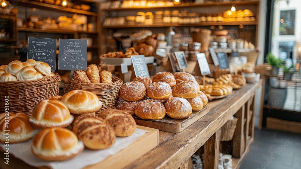 Assortment of freshly baked bread rolls displayed in a bakery with wooden shelves Assortment of freshly baked bread rolls displayed in a bakery with wooden shelves