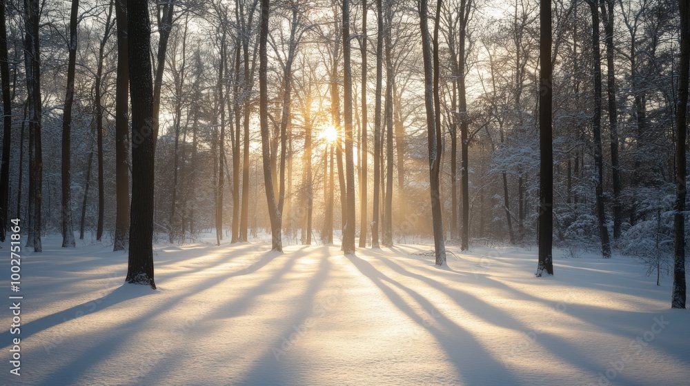 Naklejka premium The tranquil winter morning reveals a snowy forest where sunlight streams through tall trees, creating long shadows on the pristine white ground