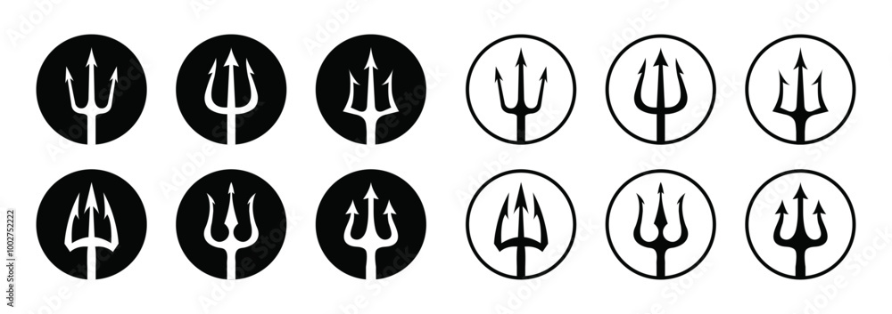 Trident vector icon set in circle logo flat and outline design isolated on white background. Vector black logo set of tridents in circle Triton, Neptune, Poseidon. Flat design. Vector illustration. Trident vector icon set in circle logo flat and outline design isolated on white background. Vector black logo set of tridents in circle Triton, Neptune, Poseidon. Flat design. Vector illustration.