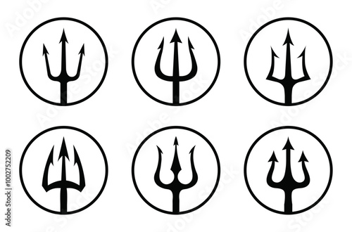 Trident vector icon set in black outline circle isolated on white background. Vector black logo set of tridents in circle Triton, Neptune, Poseidon. Vector illustration. Flat design.