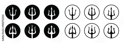 Trident vector icon set in circle logo flat and outline design isolated on white background. Vector black logo set of tridents in circle Triton, Neptune, Poseidon. Flat design. Vector illustration.