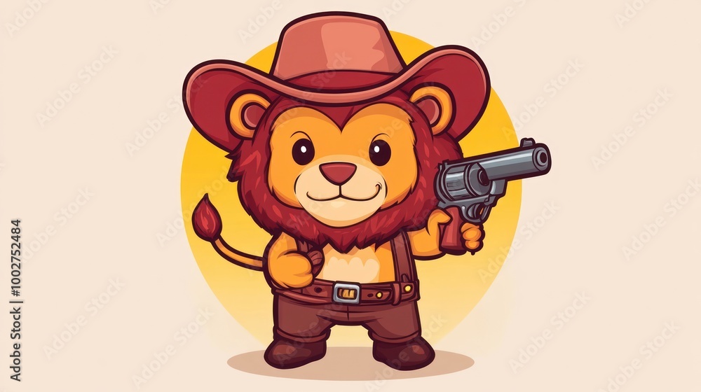Fototapeta premium A cute cartoon lion wearing a cowboy hat and holding a gun.