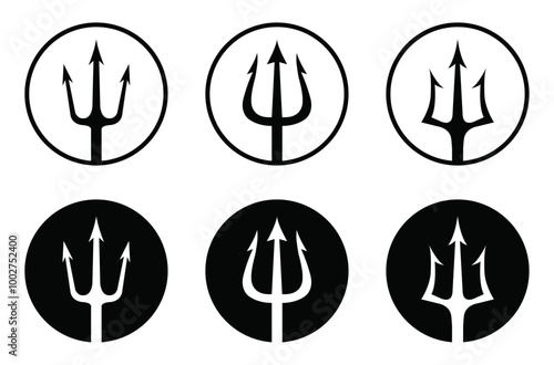 Trident icon set in circle isolated on white background. Vector black logo set of tridents in circle Triton, Neptune, Poseidon. Flat design. Vector illustration.