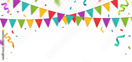Festive flag garlands with confetti, streamer ribbons vector illustration. Carnival, birthday, circus party design decoration. Colorful 3D triangle buntings. Transparent background, decoration element