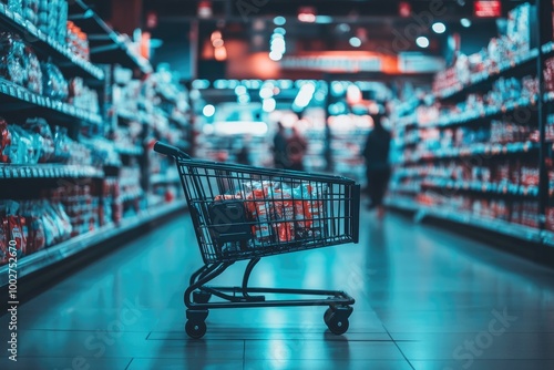 basket of groceries in a store. Shelves with products, customers on background