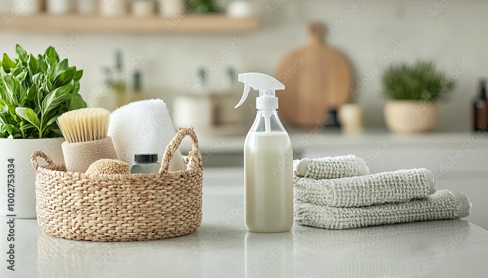 Cleaning supplies and tools arranged on a countertop in a cozy kitchen setting. Cleaning supplies and tools arranged on a countertop in a cozy kitchen setting.