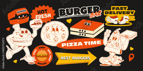 A set of fast food themed stickers. Retro groovy pizza and burger characters, patches and stickers for bars, cafes and restaurants.