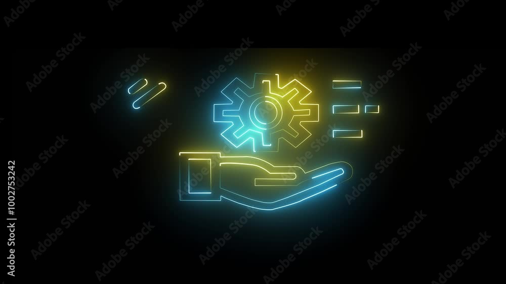 Neon Settings and Support Icon Vector, Glowing cyan and yellow Hand with Gears for Technical Assistance and Configuration Design Neon Settings and Support Icon Vector, Glowing cyan and yellow Hand with Gears for Technical Assistance and Configuration Design