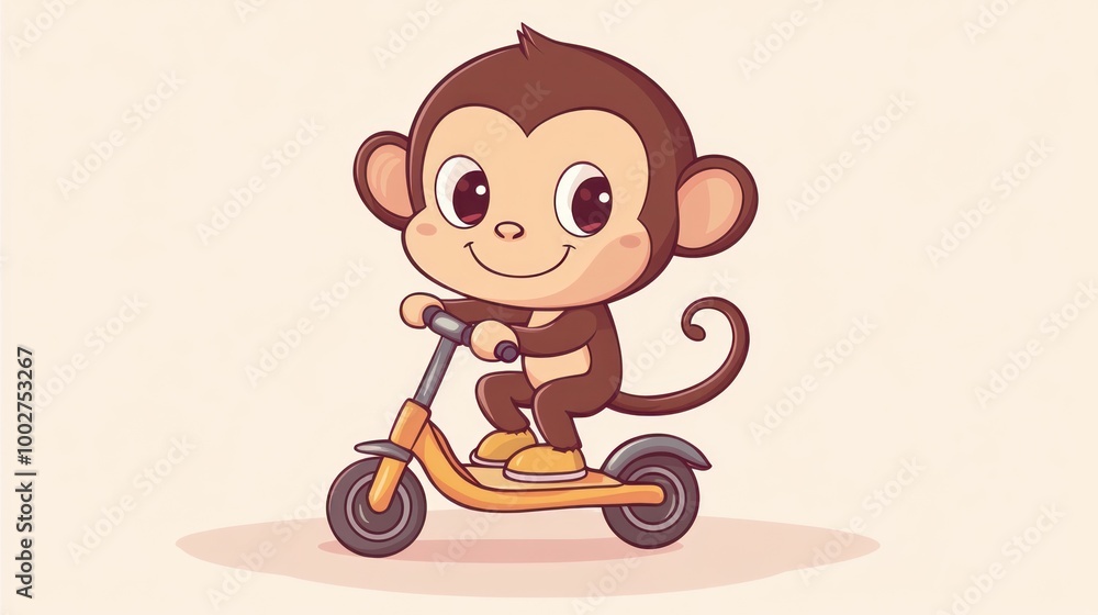 Cute cartoon monkey riding a scooter.