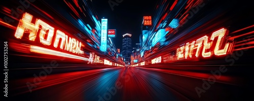 Nighttime highway with neon signs and a futuristic city skyline in the background, Highway landscape, Futuristic urban highway photo