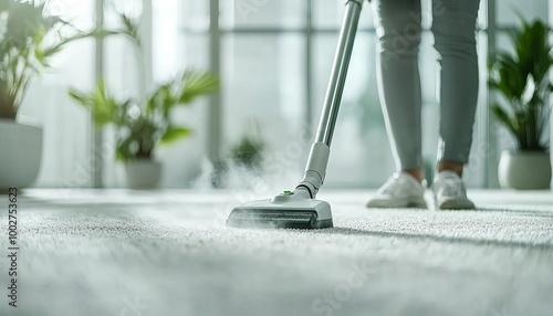 Wallpaper Mural Person vacuuming carpet in a bright, modern living space with indoor plants. Torontodigital.ca
