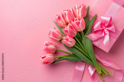 Gift Box with Pink Ribbon and Tulips on Soft Pink Background: Romantic Floral Arrangement for Spring Celebration