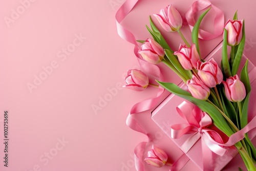 Gift Box with Pink Ribbon and Tulips on Soft Pink Background: Romantic Floral Arrangement for Spring Celebration