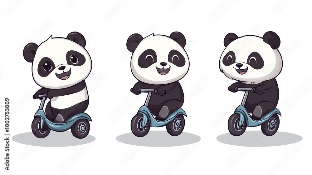 Naklejka premium Three cute cartoon pandas riding a scooter.