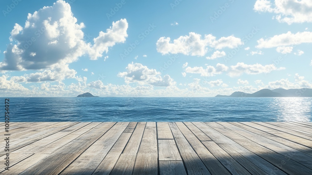Fototapeta premium A wooden deck without railings, facing a vast ocean
