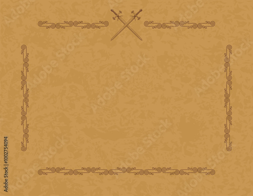 Medieval Parchment Background - Celtic Frame with Crossed Medieval Swords Header