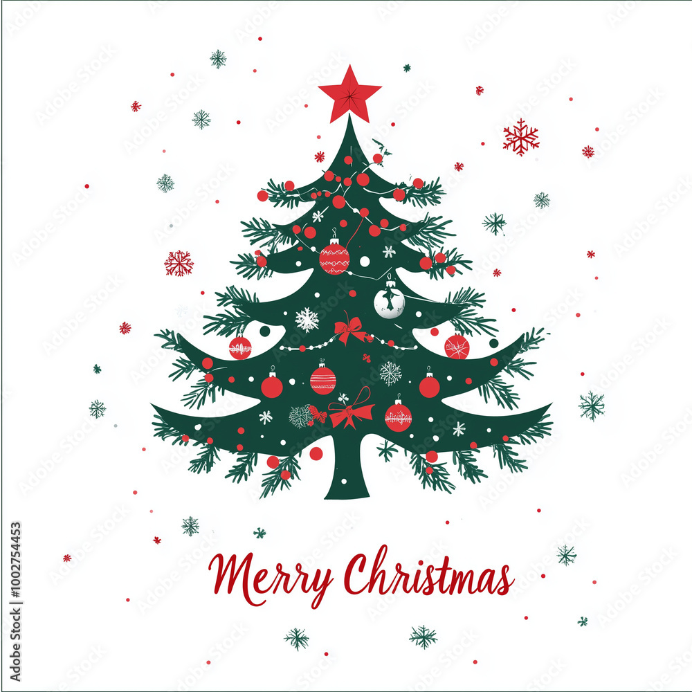 Festive Christmas greeting design with a stylized tree, red script 'Merry Christmas', holly leaves, berries, and snowflakes. Perfect for holiday cards, decorations, and New Year celebrations. Festive Christmas greeting design with a stylized tree, red script 'Merry Christmas', holly leaves, berries, and snowflakes. Perfect for holiday cards, decorations, and New Year celebrations.