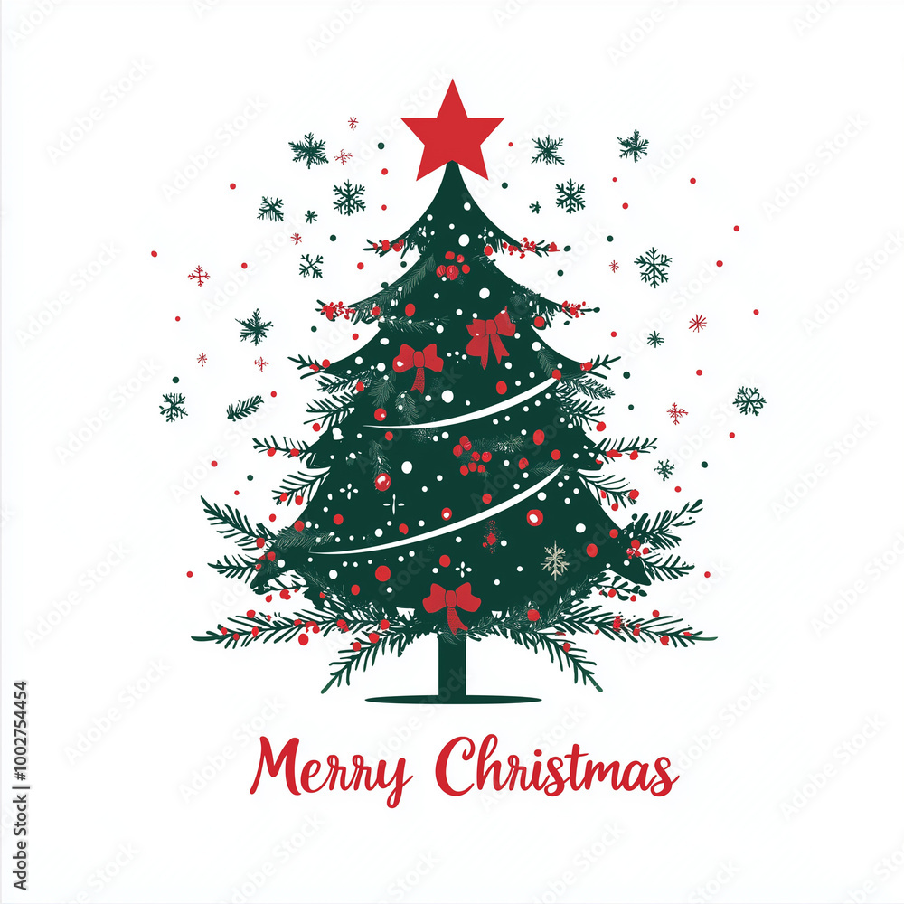 Festive Christmas greeting design with a stylized tree, red script 'Merry Christmas', holly leaves, berries, and snowflakes. Perfect for holiday cards, decorations, and New Year celebrations. Festive Christmas greeting design with a stylized tree, red script 'Merry Christmas', holly leaves, berries, and snowflakes. Perfect for holiday cards, decorations, and New Year celebrations.