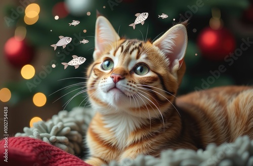 A cat dreaming of gifts in front of the Christmas tree. New Year's gift under the tree. Celebrating New Year and Christmas.