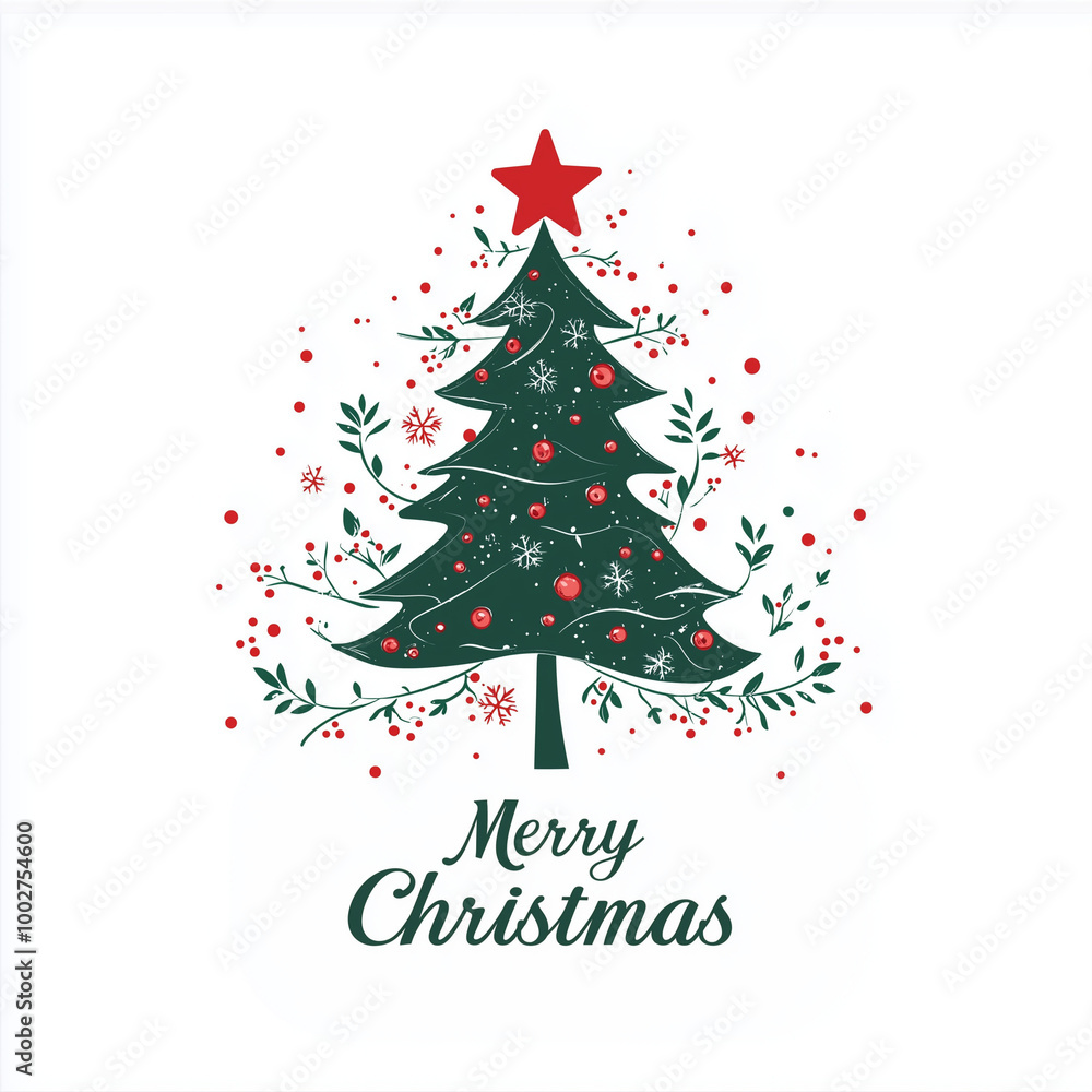 Festive Christmas greeting design with a stylized tree, red script 'Merry Christmas', holly leaves, berries, and snowflakes. Perfect for holiday cards, decorations, and New Year celebrations. Festive Christmas greeting design with a stylized tree, red script 'Merry Christmas', holly leaves, berries, and snowflakes. Perfect for holiday cards, decorations, and New Year celebrations.