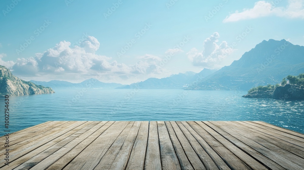 Naklejka premium A wooden viewing platform without barriers, looking out over a vast ocean