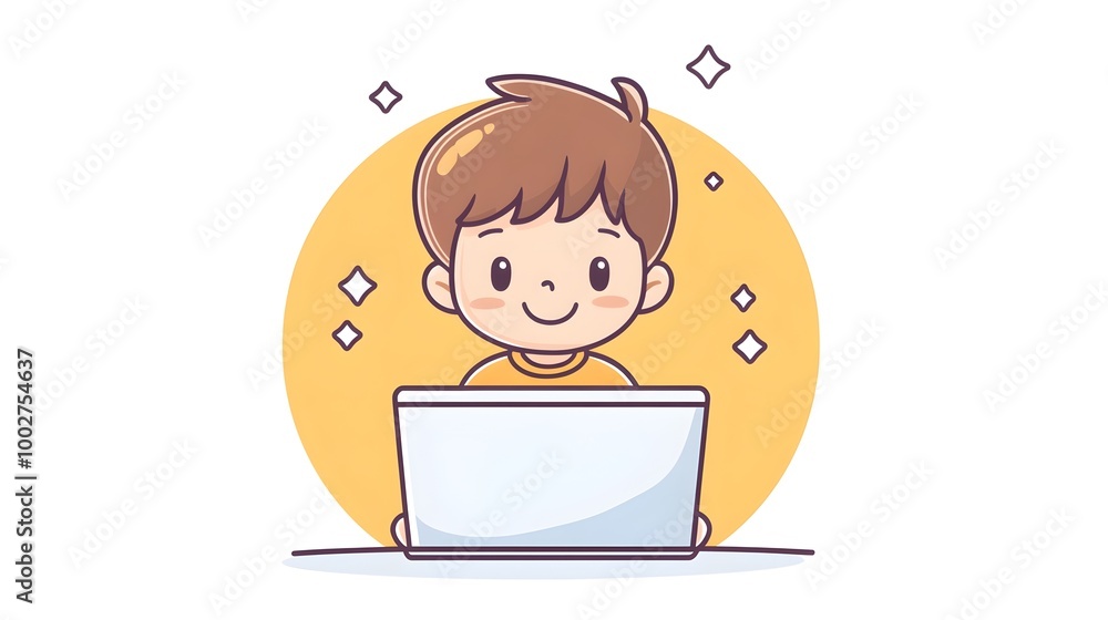 Cheerful Boy Using Laptop at Desk in Casual Office Setting Cheerful Boy Using Laptop at Desk in Casual Office Setting