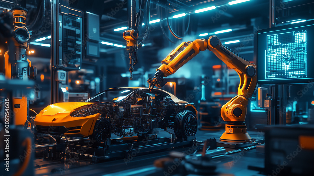 Robotic Arms Assembling a High-Tech Car in a Futuristic Automotive Factory Robotic Arms Assembling a High-Tech Car in a Futuristic Automotive Factory