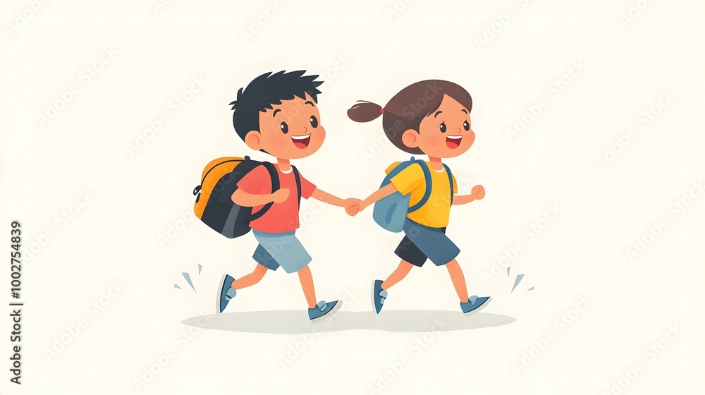 Two Energetic Children Running Happily Together Outdoors with Backpacks Two Energetic Children Running Happily Together Outdoors with Backpacks
