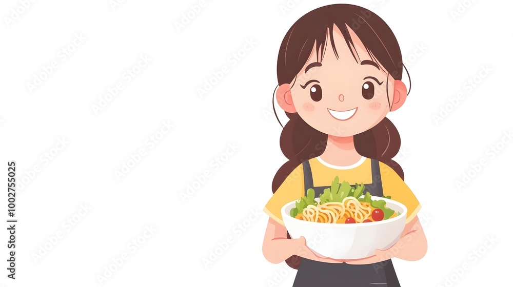 Cheerful Woman Presenting Delicious Pasta Dish on White Background Cheerful Woman Presenting Delicious Pasta Dish on White Background