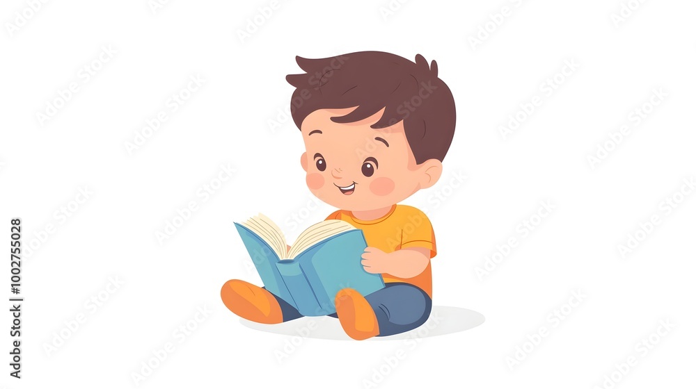 Smiling Boy Sitting on Floor Intently Reading Book at Home Smiling Boy Sitting on Floor Intently Reading Book at Home