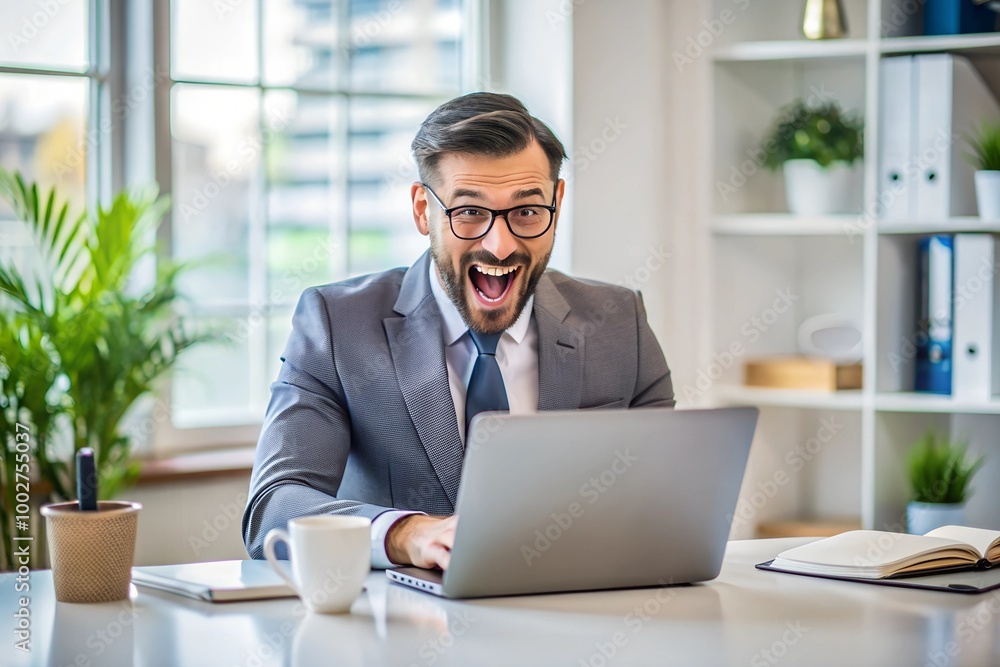 businessman working in the office with a funny and excited expression businessman working in the office with a funny and excited expression