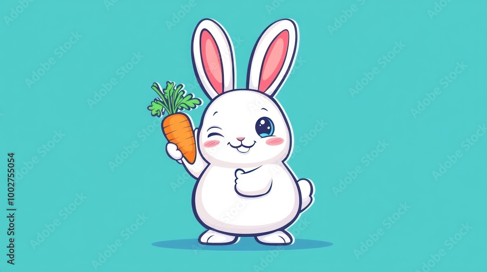 Fototapeta premium Cute white rabbit cartoon holding a carrot.