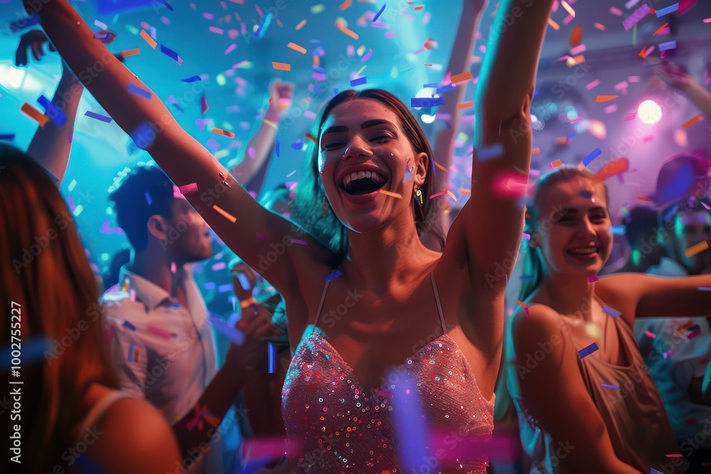 Obraz premium Lively party scene joyful woman in pink dress dancing surrounded by friends on nightclub dance floor. Confetti fills background, creating festive atmosphere with colorful lights, vibrant vibe.