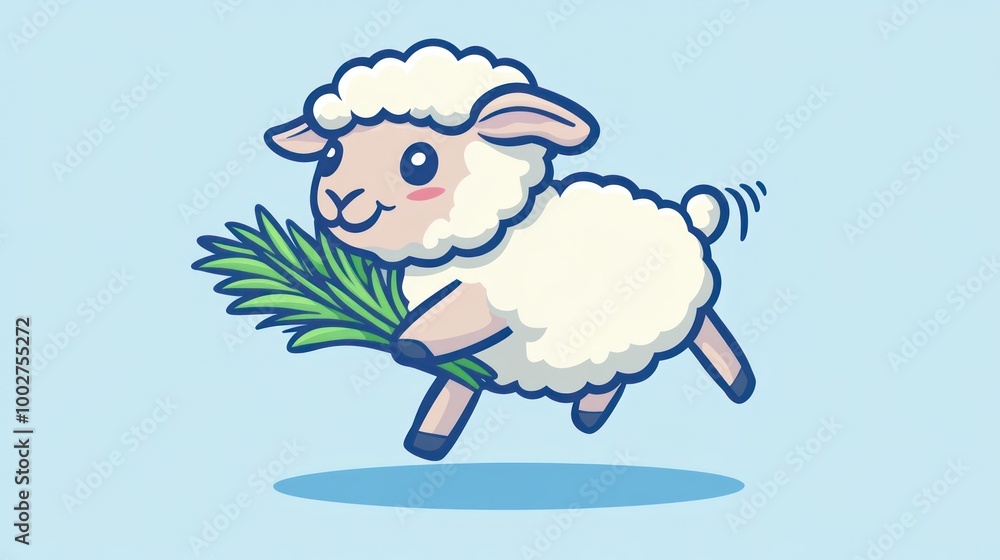 Cute cartoon sheep holding a bunch of grass while jumping in the air. Cute cartoon sheep holding a bunch of grass while jumping in the air.